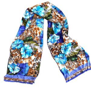 Vintage Blue Floral Leopard Print Bill Blass Silk Scarf with Fringe